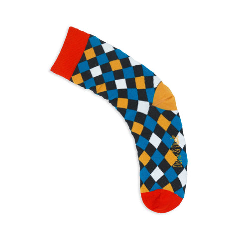 An image of a Gold Harlequin calf length sock by Doris & Dude