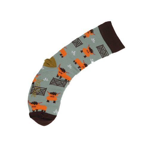 An image of a Sage Highland Cow  calf length sock by Doris & Dude