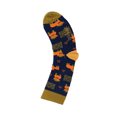 An image of a Navy Highland Cow  calf length sock by Doris & Dude