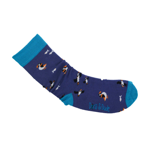 An image of a Purple Puffin  calf length sock by Doris & Dude