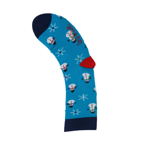 An image of a Blue Snowman  calf length sock by Doris & Dude