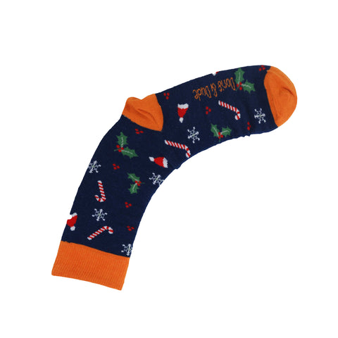 An image of a Navy Xmas Fun  calf length sock by Doris & Dude