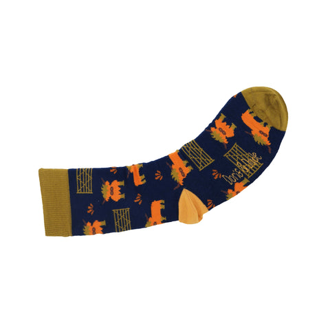 An image of a Navy Highland Cow  calf length sock by Doris & Dude