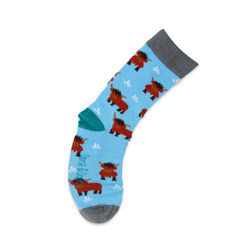 An image of Blue Highland Cow, calf-length sock by Doris & Dude