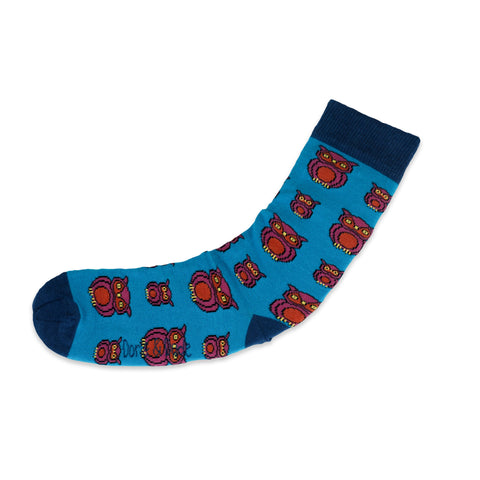 An image of Turquoise Owl, calf-length sock by Doris & Dude