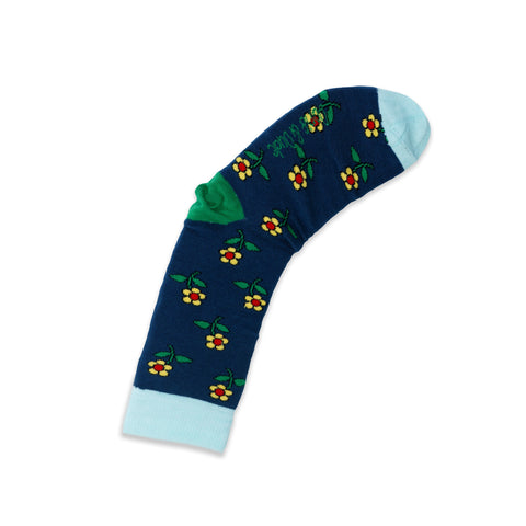 An image of Navy Flowers, calf-length sock by Doris & Dude