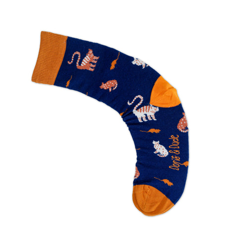 An image of Navy Cat, calf-length sock by Doris & Dude