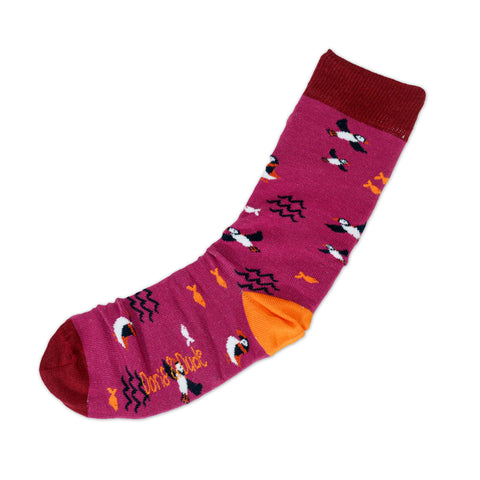 An image of Burgundy Puffin, calf-length sock by Doris & Dude