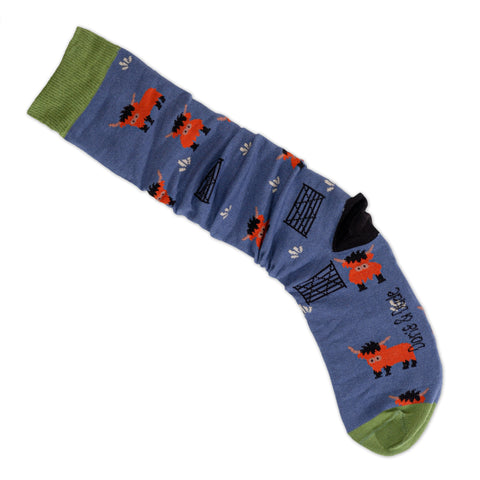 An image of Navy Highland Cow, knee-length sock by Doris & Dude