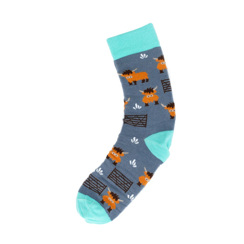 An image of Grey Highland Cow, calf-length sock by Doris & Dude